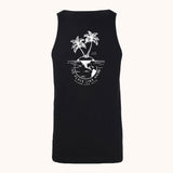 black men's tank top with a white design that has palm trees and sharks in the ocean. 100% cotton tank