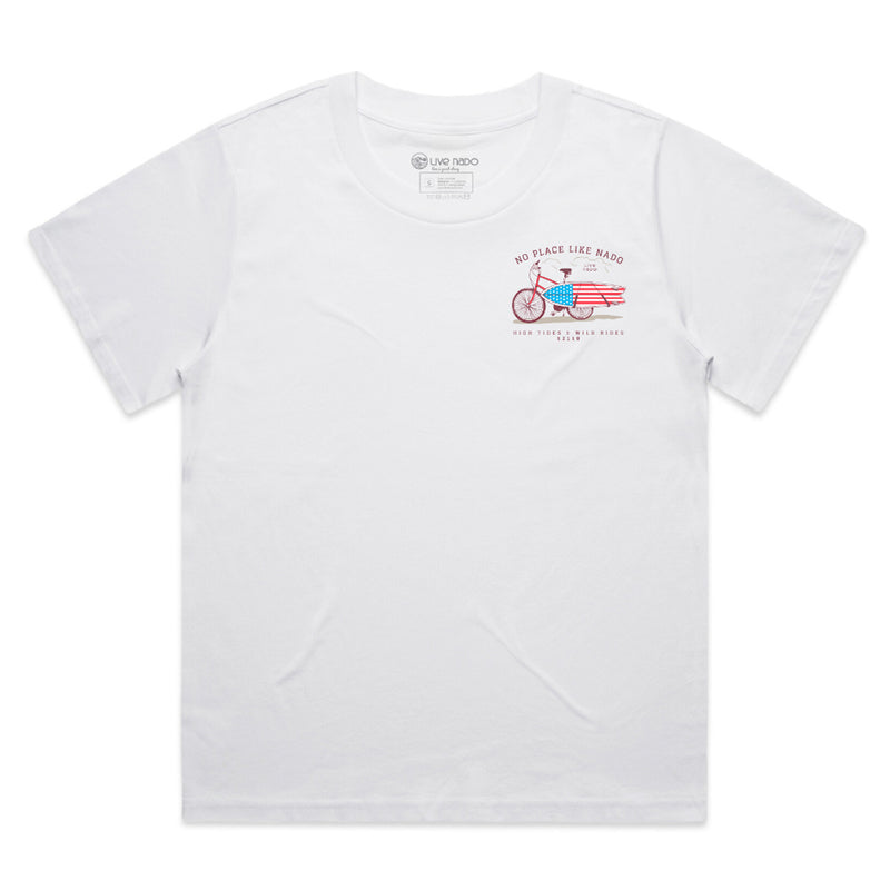 front of the no place like nado american flag surfboard tshirt