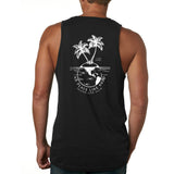 guy wearing black surf tank with white palm tree and sharks swimming in ocean design. 100% cotton tank has the saying Island Life and No Place Like Nado.