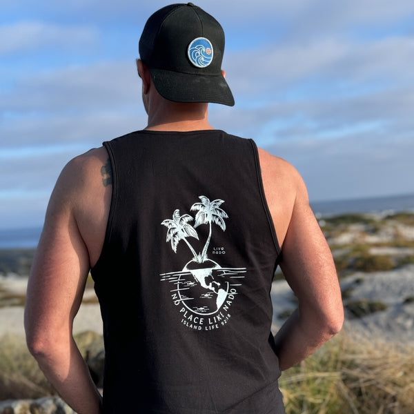 Men’s blank tank top with palm tree, skull, and sharks that says no place like nado and gives island life vibes