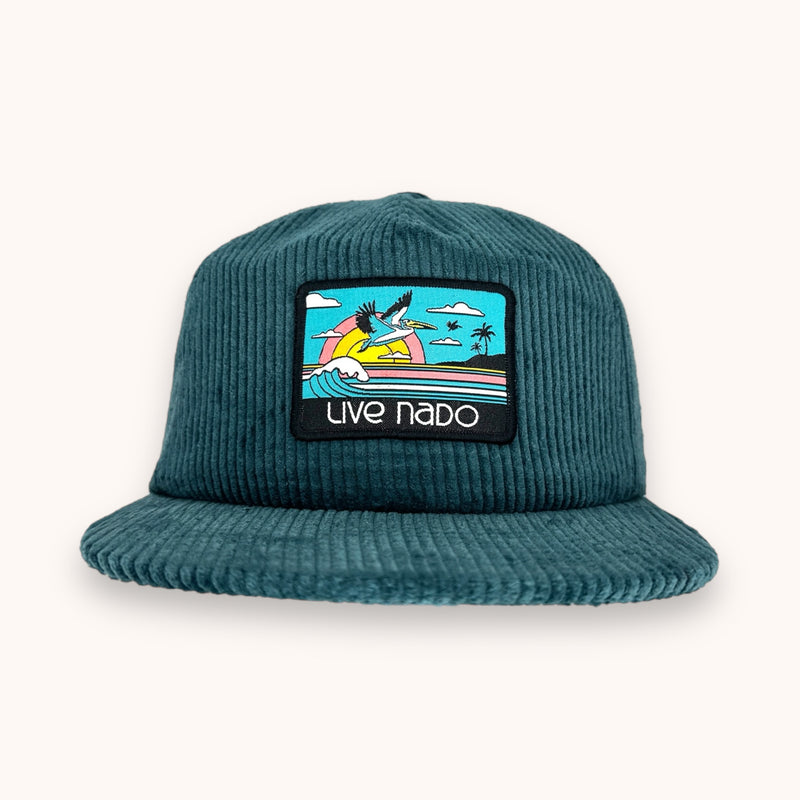 Flat brim corduroy teal surf cap perfect for beach and city outings in Coronado and San Diego 