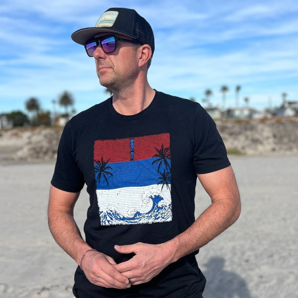 Hero Tee red white and blue ocean waves and palm trees a coronado patriotic tshirt for men