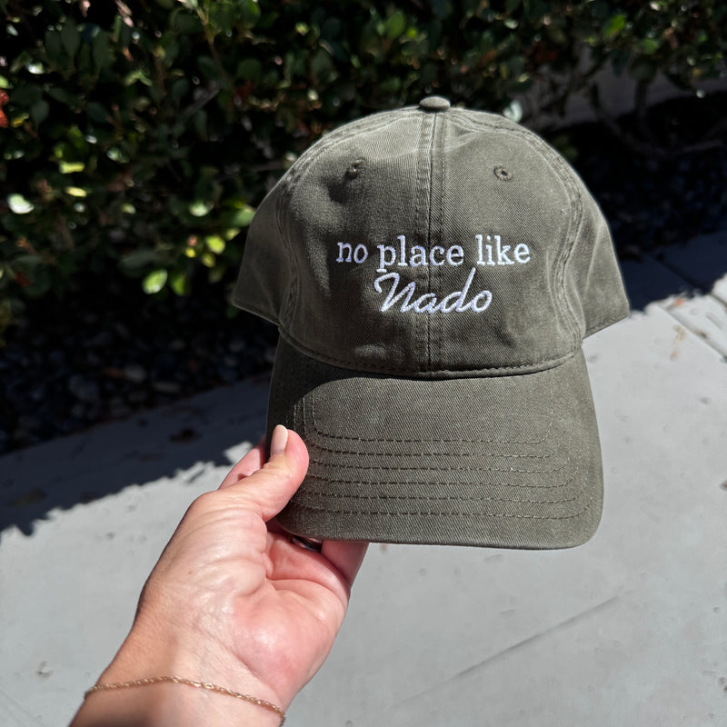 olive khaki dad hat with no place like nado embroidered