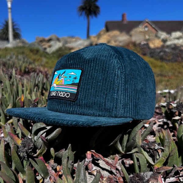 Teal corduroy unstructured surf cap for men and women with a strap and clasp back