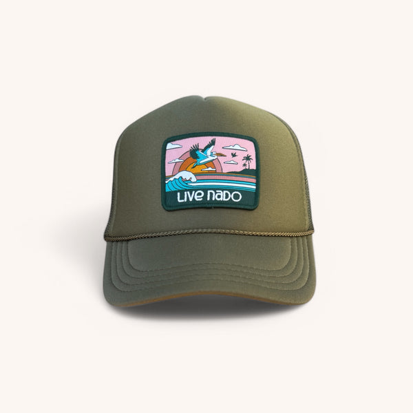 Olive green kid’s foam hat with pink pelican patch